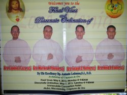 A banner outside the church celebrates the SCJs ordained to the diaconate