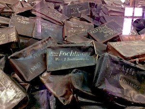 Suitcases left behind by those who were sent to Auschwitz-Birkenau 
