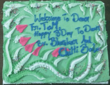 The "welcome" wishes came on Fr. Tom's last night with the community, but cake is good no matter when it is served!
