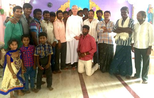Fr. Tom with the Dehonian Youth Group in Vempadu. "On my right is the local village council," writes Fr. Tom. "It consists of members of the three major faiths: Hindu, Muslim and Catholic.